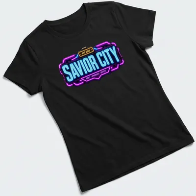 Neon graphic of Savior City logo with bold text in blue, purple, and yellow. — printed on a women's shirt