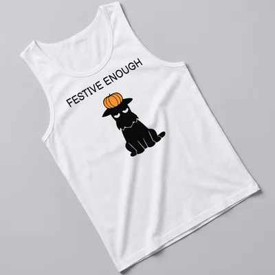Cartoon Scottie dog wearing a pumpkin hat with the text 'Festive Enough' — printed on a tank top