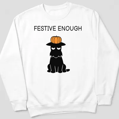 Cartoon Scottie dog wearing a pumpkin hat with the text 'Festive Enough' — printed on a unisex sweatshirt