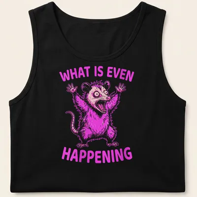 Bold cartoon of a screaming opossum with the text 'WHAT IS EVEN HAPPENING' in pink and white — printed on a tank top