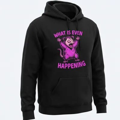 Bold cartoon of a screaming opossum with the text 'WHAT IS EVEN HAPPENING' in pink and white — printed on a unisex hoodie