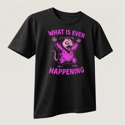 Bold cartoon of a screaming opossum with the text 'WHAT IS EVEN HAPPENING' in pink and white — printed on a unisex t-shirt (angled view)