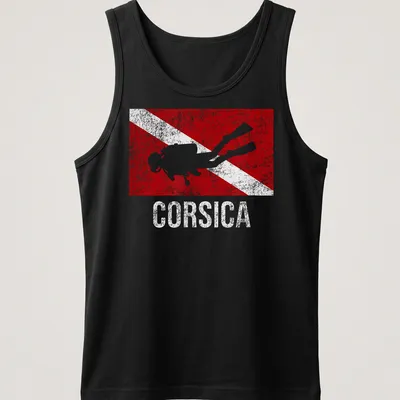 Vintage distressed t-shirt featuring a scuba diver and Corsica dive flag design — printed on a tank top