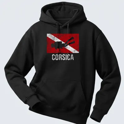 Vintage distressed t-shirt featuring a scuba diver and Corsica dive flag design — printed on a unisex hoodie