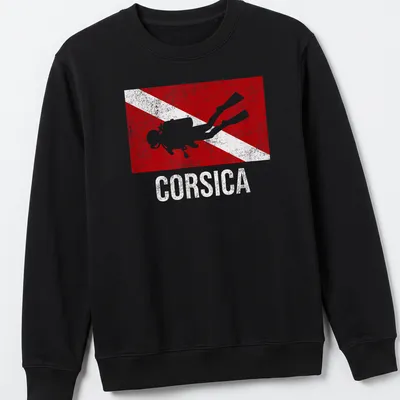 Vintage distressed t-shirt featuring a scuba diver and Corsica dive flag design — printed on a unisex sweatshirt