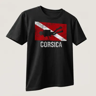 Vintage distressed t-shirt featuring a scuba diver and Corsica dive flag design — printed on a unisex t-shirt (angled view)