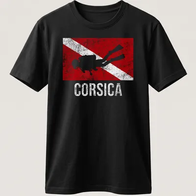 Vintage distressed t-shirt featuring a scuba diver and Corsica dive flag design