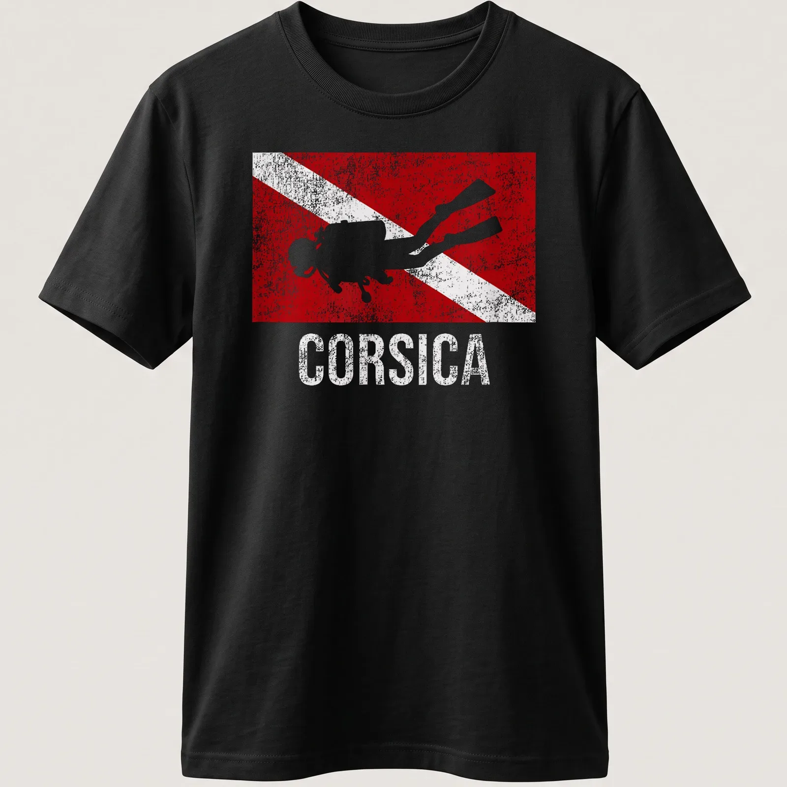Vintage distressed t-shirt featuring a scuba diver and Corsica dive flag design — printed on a unisex t-shirt