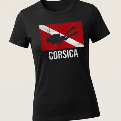 Vintage distressed t-shirt featuring a scuba diver and Corsica dive flag design — printed on a women's shirt