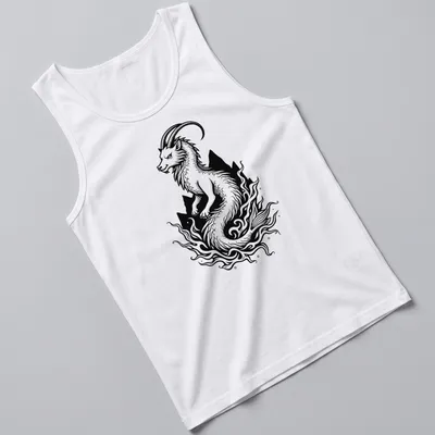 Stylized black and white line art of a sea goat for Capricorn lovers — printed on a tank top