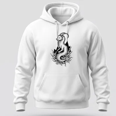 Stylized black and white line art of a sea goat for Capricorn lovers — printed on a unisex hoodie