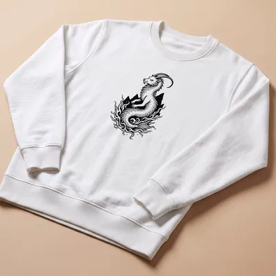 Stylized black and white line art of a sea goat for Capricorn lovers — printed on a unisex sweatshirt