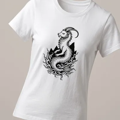 Stylized black and white line art of a sea goat for Capricorn lovers — printed on a women's shirt