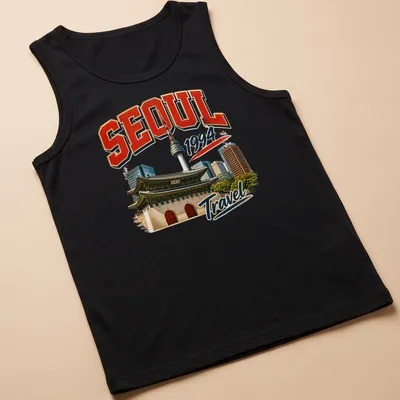 Vintage retro Seoul skyline t-shirt featuring iconic architecture and travel text. — printed on a tank top