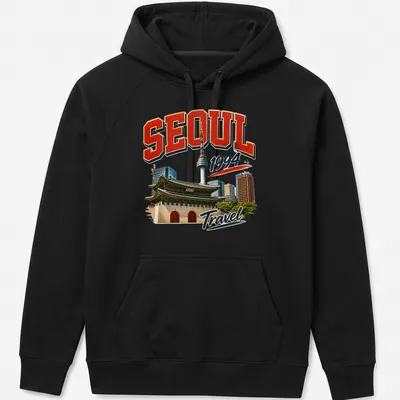 Vintage retro Seoul skyline t-shirt featuring iconic architecture and travel text. — printed on a unisex hoodie