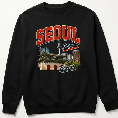 Vintage retro Seoul skyline t-shirt featuring iconic architecture and travel text. — printed on a unisex sweatshirt