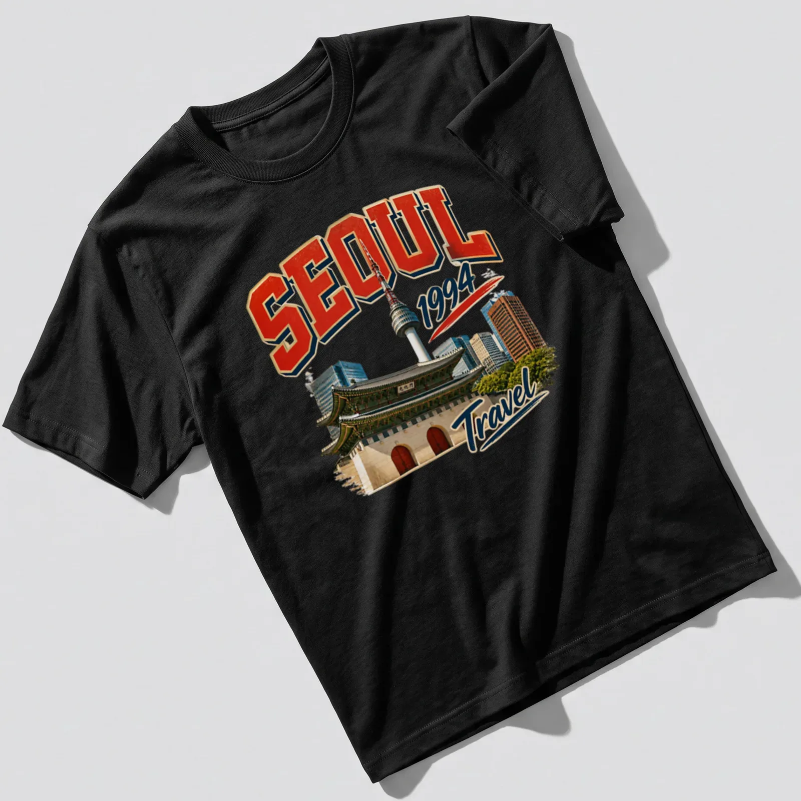 Vintage retro Seoul skyline t-shirt featuring iconic architecture and travel text. — printed on a unisex t-shirt