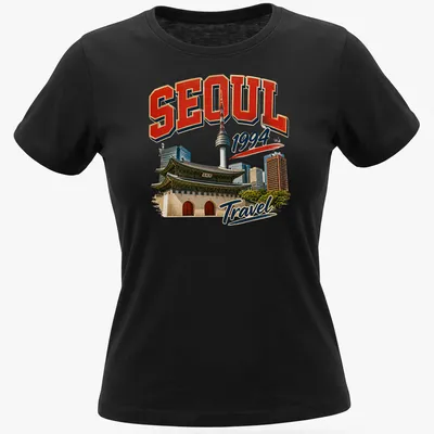 Vintage retro Seoul skyline t-shirt featuring iconic architecture and travel text. — printed on a women's shirt