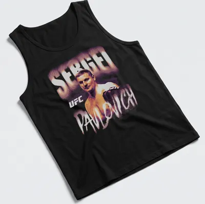 Retro bitmap t-shirt featuring Sergei Pavlovich UFC fighter graphic in black, white, orange, and gray. — printed on a tank top