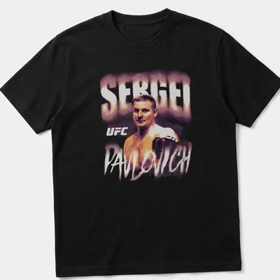 Retro bitmap t-shirt featuring Sergei Pavlovich UFC fighter graphic in black, white, orange, and gray.