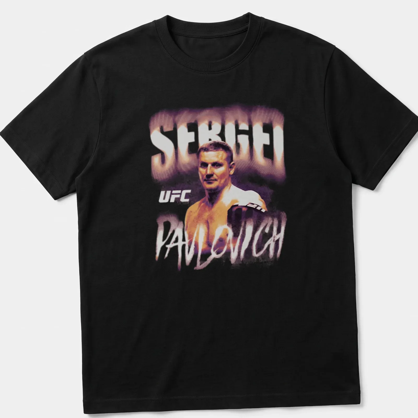 Retro bitmap t-shirt featuring Sergei Pavlovich UFC fighter graphic in black, white, orange, and gray. — printed on a unisex t-shirt