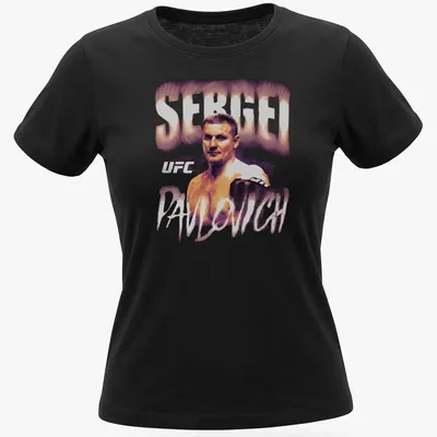 Retro bitmap t-shirt featuring Sergei Pavlovich UFC fighter graphic in black, white, orange, and gray. — printed on a women's shirt