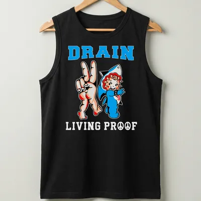 Cartoon Shark Baby showing peace sign with Drain Living Proof text — printed on a tank top