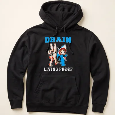 Cartoon Shark Baby showing peace sign with Drain Living Proof text — printed on a unisex hoodie