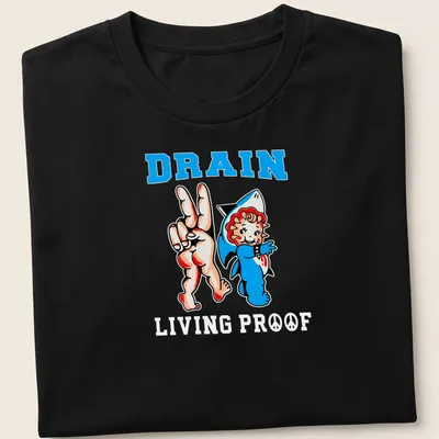 Cartoon Shark Baby showing peace sign with Drain Living Proof text