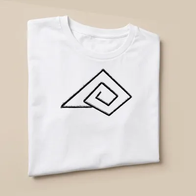 Minimalist line-art design of a shell in black and white — printed on a unisex t-shirt (angled view)