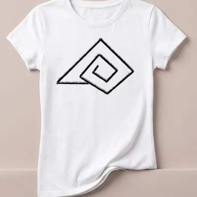 Minimalist line-art design of a shell in black and white — printed on a women's shirt