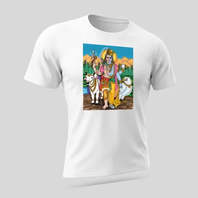 Digital drawing of Lord Harihara featuring Shiva and Vishnu in vibrant colors — printed on a unisex t-shirt (angled view)
