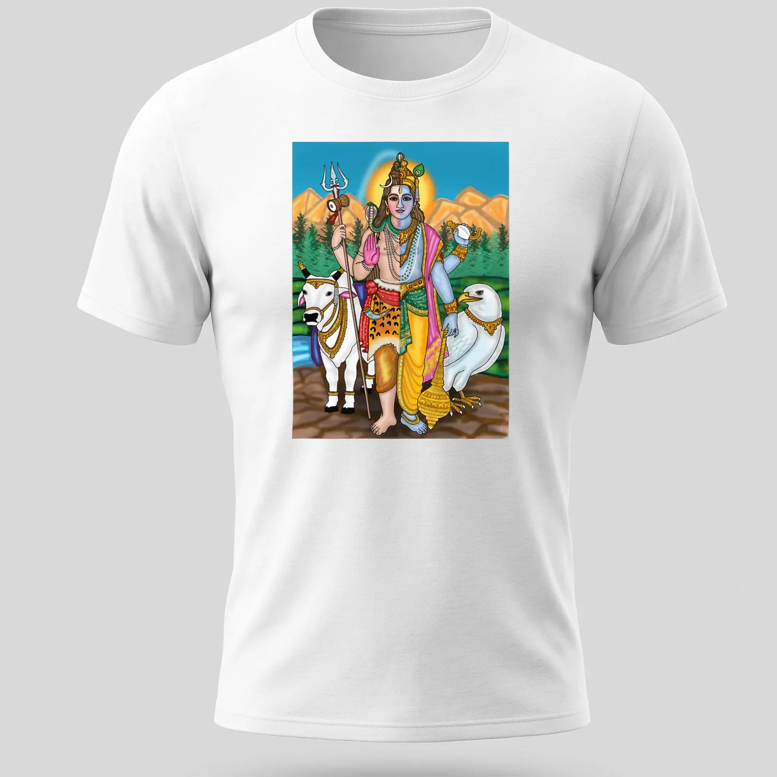 Digital drawing of Lord Harihara featuring Shiva and Vishnu in vibrant colors — printed on a unisex t-shirt