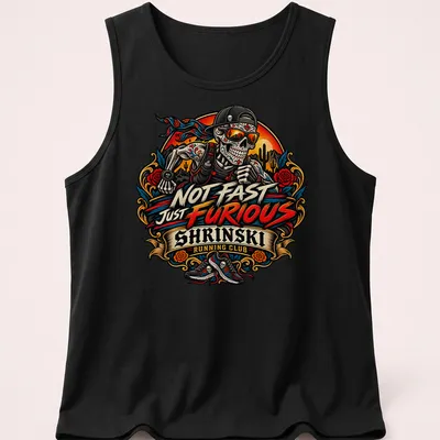 Illustrative t-shirt with vibrant colors featuring a skull runner and humorous text. — printed on a tank top