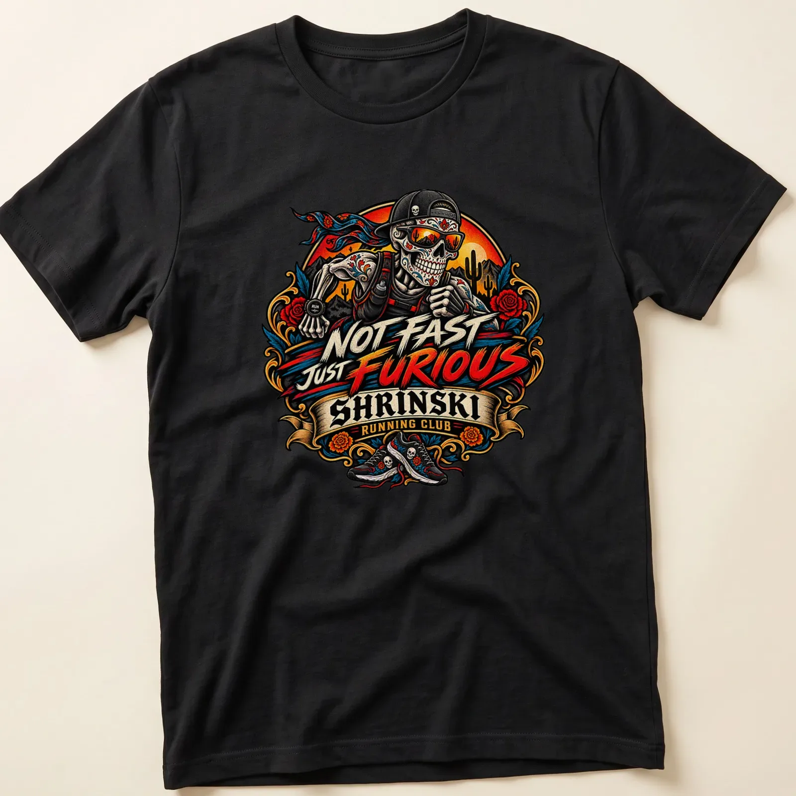 Illustrative t-shirt with vibrant colors featuring a skull runner and humorous text. — printed on a unisex t-shirt