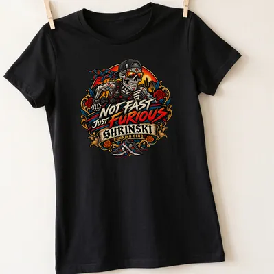 Illustrative t-shirt with vibrant colors featuring a skull runner and humorous text. — printed on a women's shirt