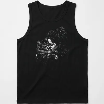 Illustration of a girl cuddling a Siberian cat in soft colors — printed on a tank top