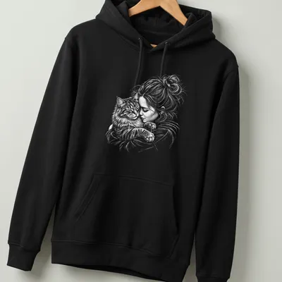 Illustration of a girl cuddling a Siberian cat in soft colors — printed on a unisex hoodie