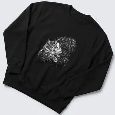 Illustration of a girl cuddling a Siberian cat in soft colors — printed on a unisex sweatshirt