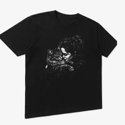 Illustration of a girl cuddling a Siberian cat in soft colors — printed on a unisex t-shirt (angled view)