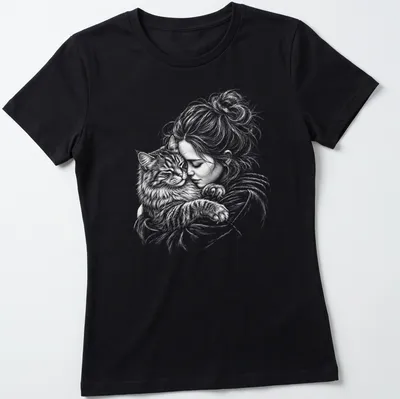 Illustration of a girl cuddling a Siberian cat in soft colors — printed on a women's shirt