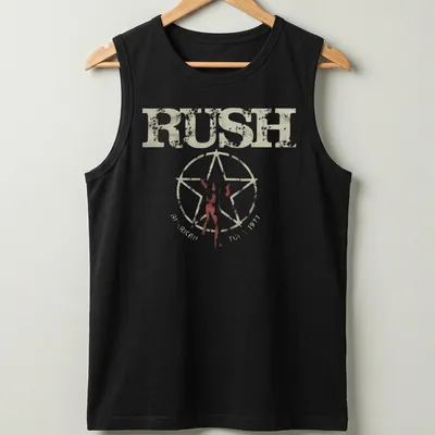 Vintage distressed t-shirt featuring silhouette figure and Rush American Tour 1977 text — printed on a tank top