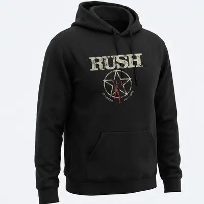 Vintage distressed t-shirt featuring silhouette figure and Rush American Tour 1977 text — printed on a unisex hoodie