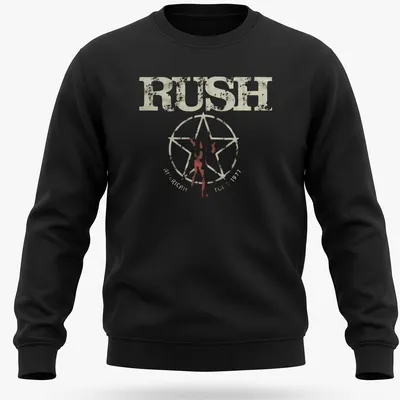 Vintage distressed t-shirt featuring silhouette figure and Rush American Tour 1977 text — printed on a unisex sweatshirt