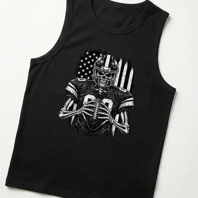 Distressed black and white print of a skeleton football player with the number 00 — printed on a tank top