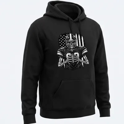 Distressed black and white print of a skeleton football player with the number 00 — printed on a unisex hoodie