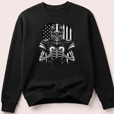 Distressed black and white print of a skeleton football player with the number 00 — printed on a unisex sweatshirt