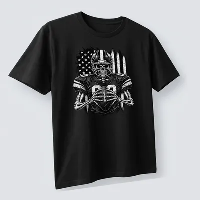 Distressed black and white print of a skeleton football player with the number 00 — printed on a unisex t-shirt (angled view)