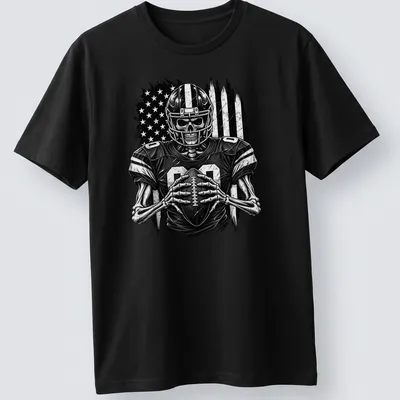 Distressed black and white print of a skeleton football player with the number 00