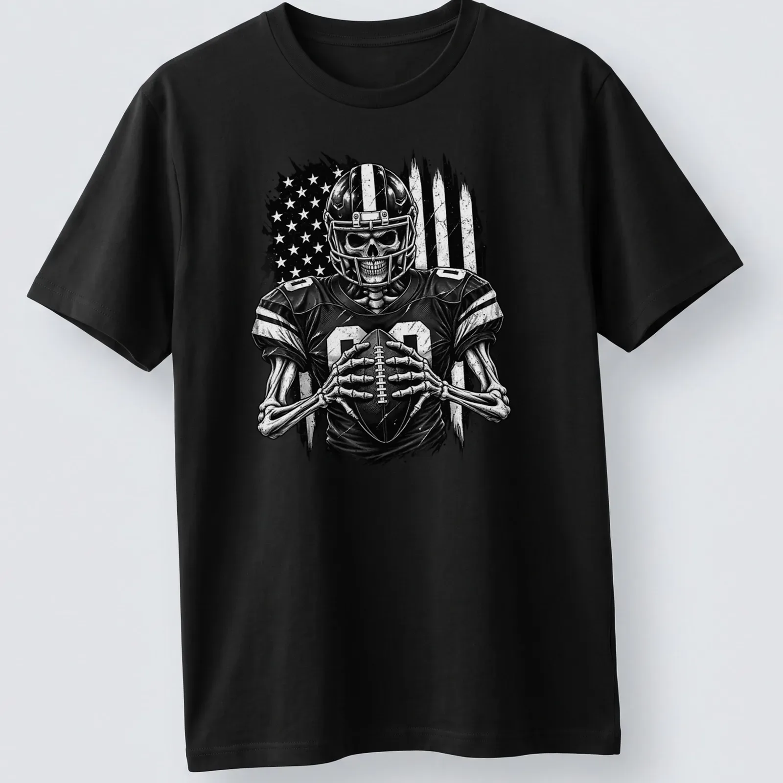 Distressed black and white print of a skeleton football player with the number 00 — printed on a unisex t-shirt